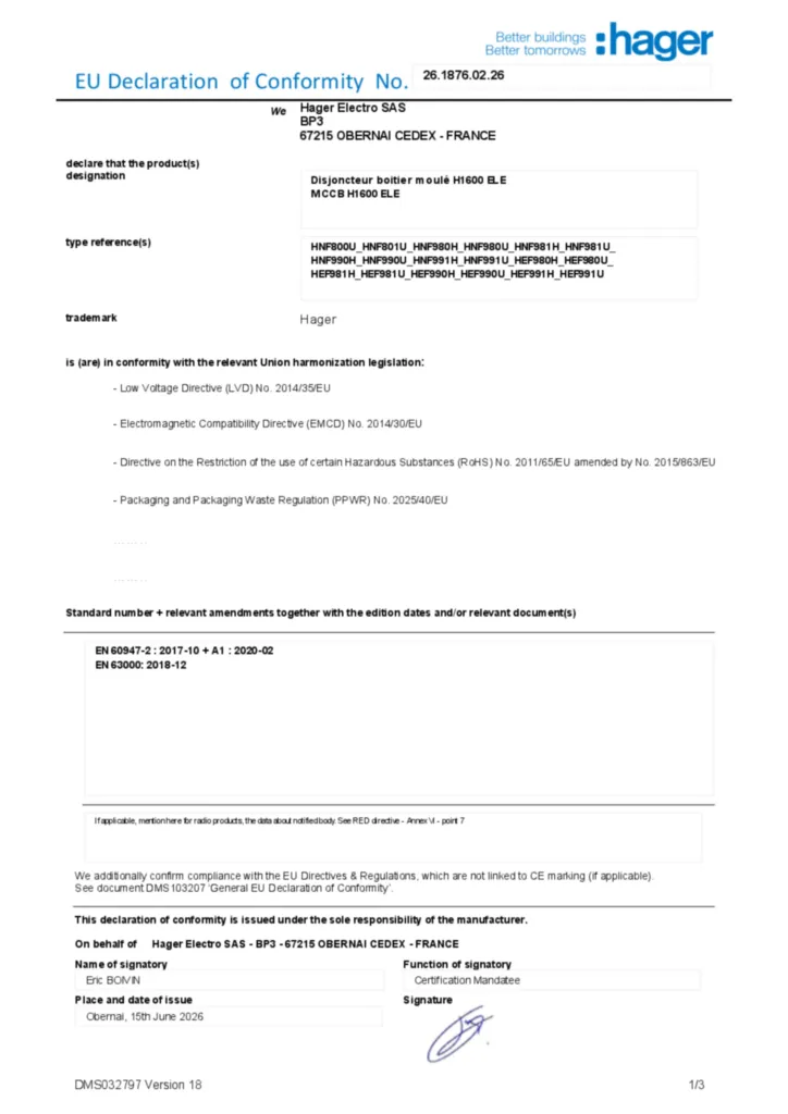 Afbeelding Conformiteitsverklaring en-US 2026-07-14 | Hager Belgium