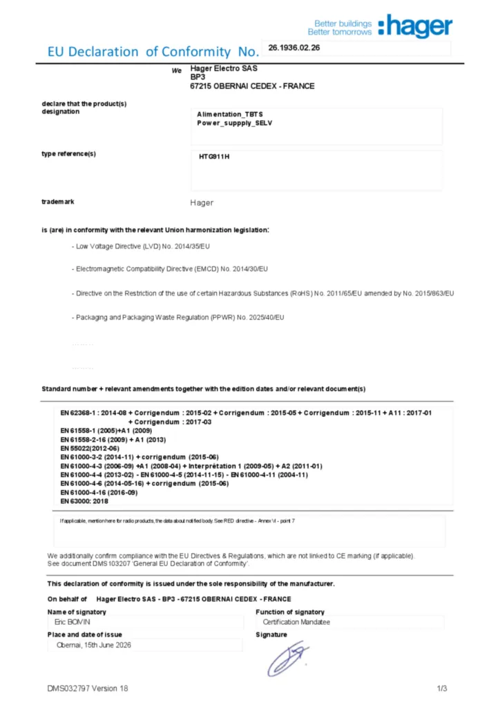 Image Déclaration de conformité en-US 2026-07-14 | Hager Belgique