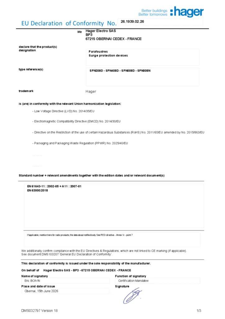 Imagem Declaração de conformidade en-US 2026-07-14 | Hager Portugal