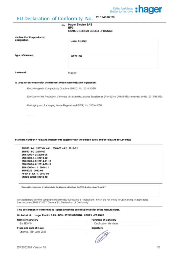 Image Declaration of conformity en-US 2026-07-14  | Hager Australia