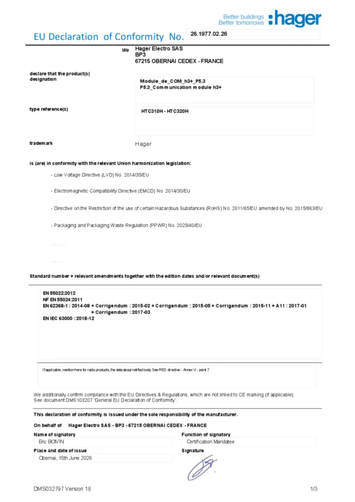 Image Déclaration de conformité en-US 2026-07-14 | Hager France