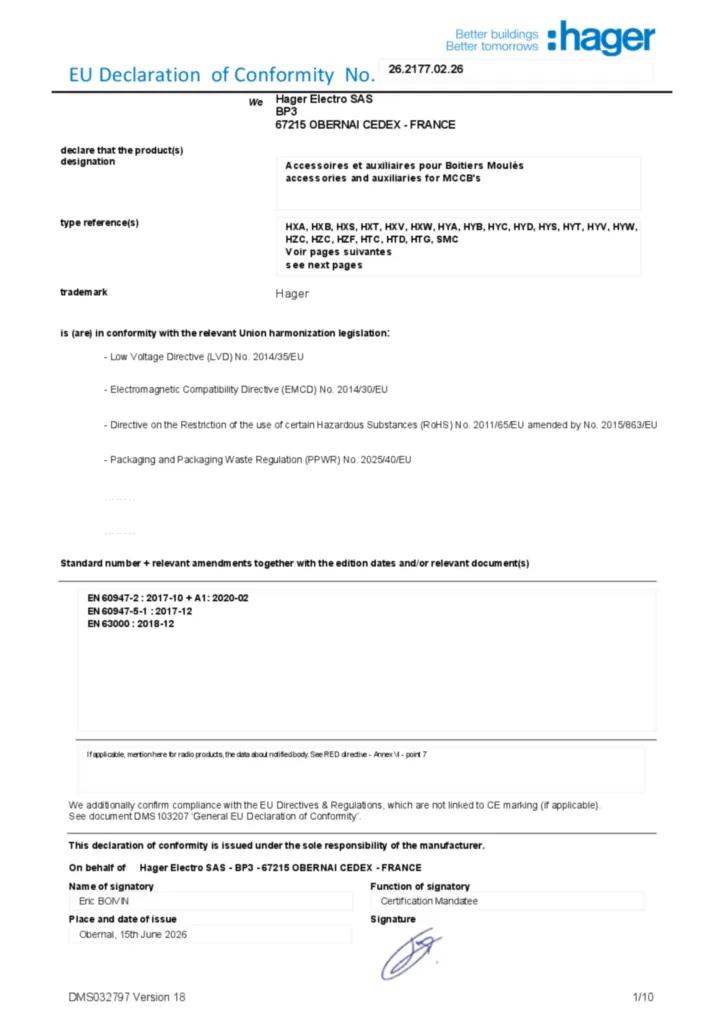 Image Déclaration de conformité en-US 2026-07-14 | Hager Afrique