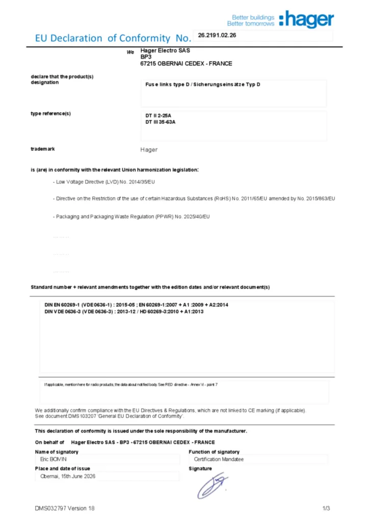 Image Déclaration de conformité en-US 2026-07-14 | Hager Suisse