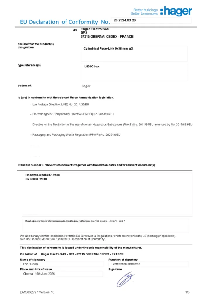 Zdjęcie Dane techniczne - Deklaracja zgodności en-US 2026-07-14 | Hager Polska