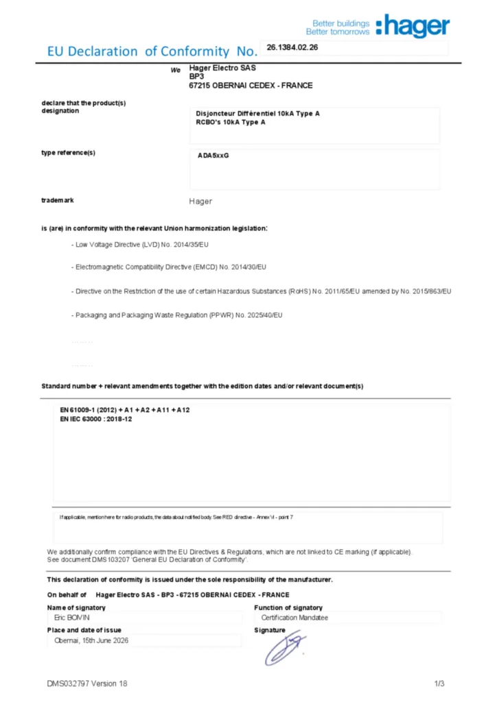 Afbeelding Conformiteitsverklaring en-US 2026-07-14 | Hager Nederland