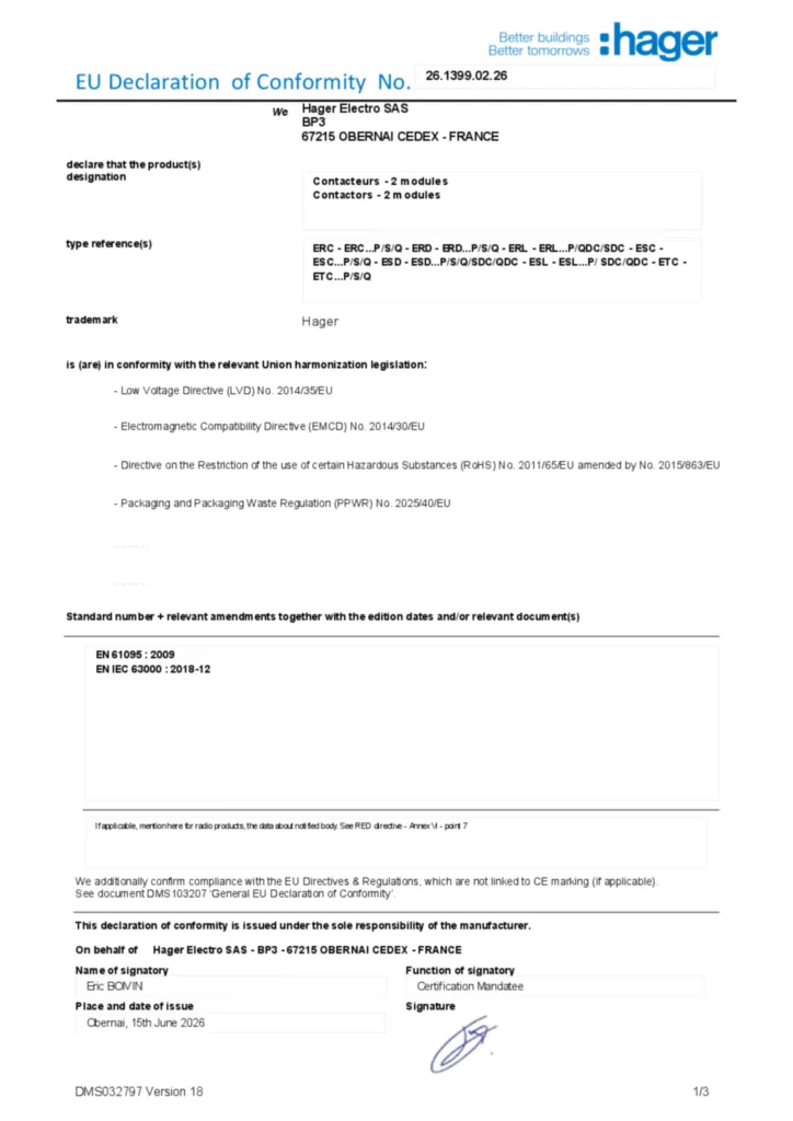 Image Déclaration de conformité en-US 2026-07-14 | Hager Suisse
