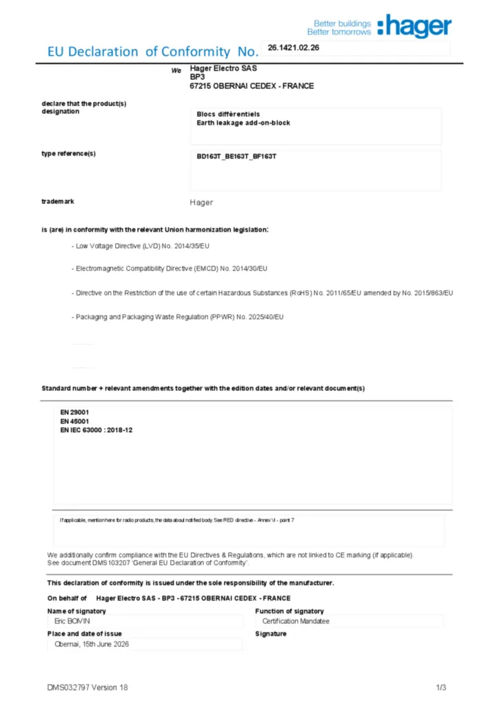 Image Declaration of conformity en-US 2026-07-14  | Hager Australia
