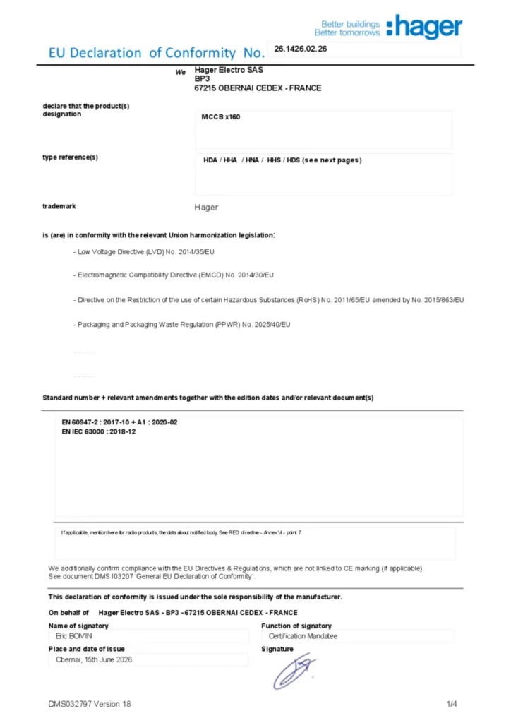 Afbeelding Conformiteitsverklaring en-US 2026-07-14 | Hager Belgium
