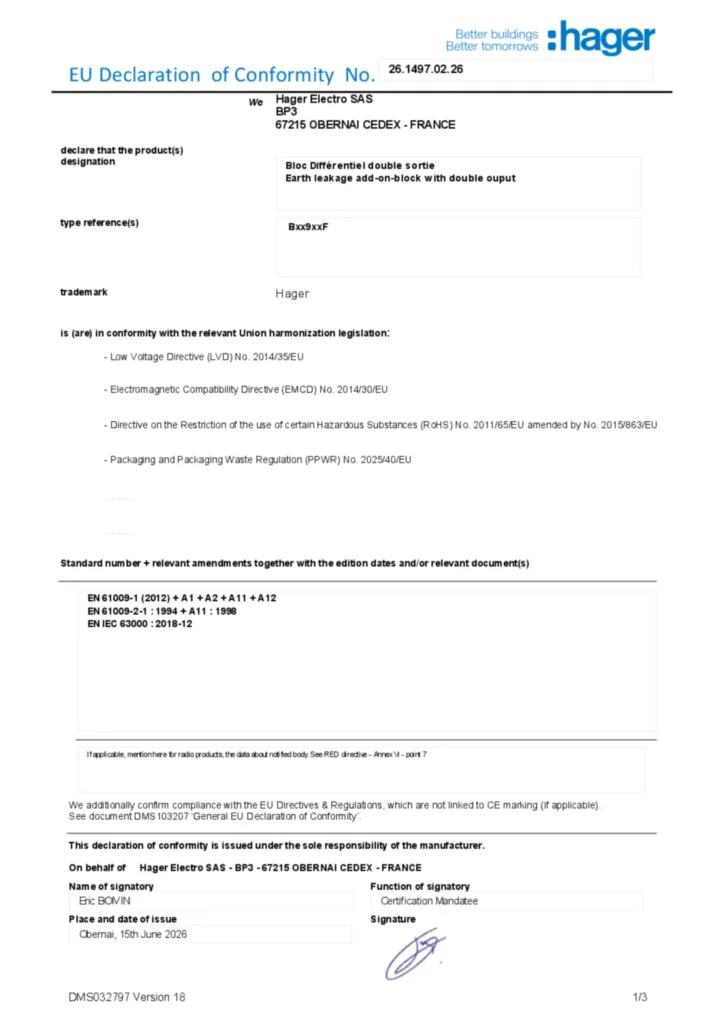 Imagem Declaração de conformidade en-US 2026-07-14 | Hager Portugal