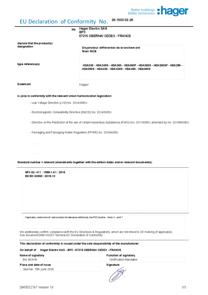 Image Déclaration de conformité en-US 2026-07-14 | Hager France