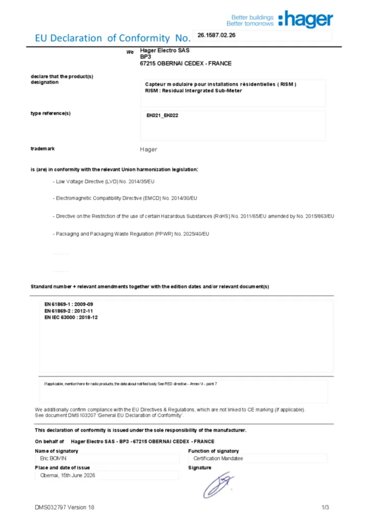 Image Déclaration de conformité en-US 2026-07-14 | Hager France