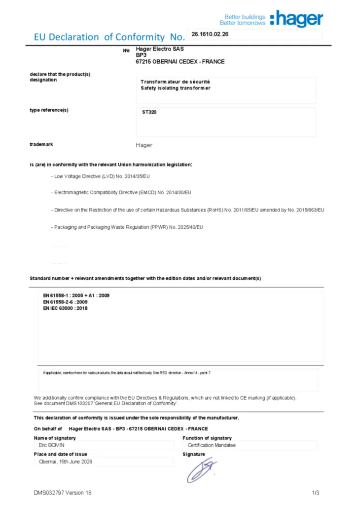 Afbeelding Conformiteitsverklaring en-US 2026-07-14 | Hager Nederland