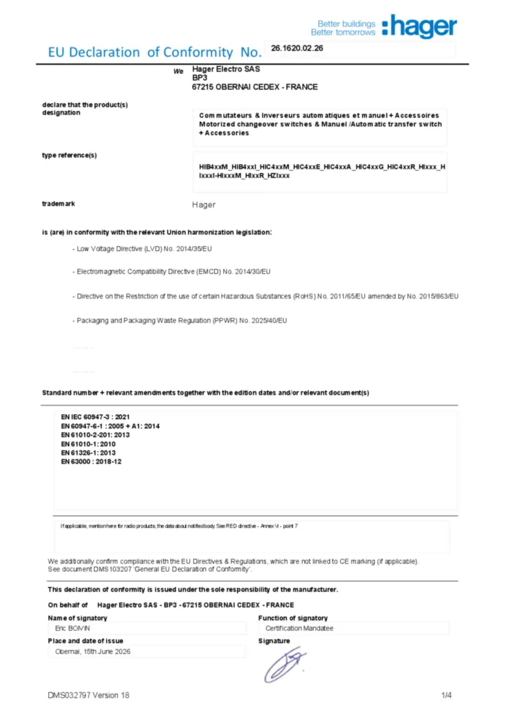 Image Déclaration de conformité en-US 2026-07-14 | Hager Suisse