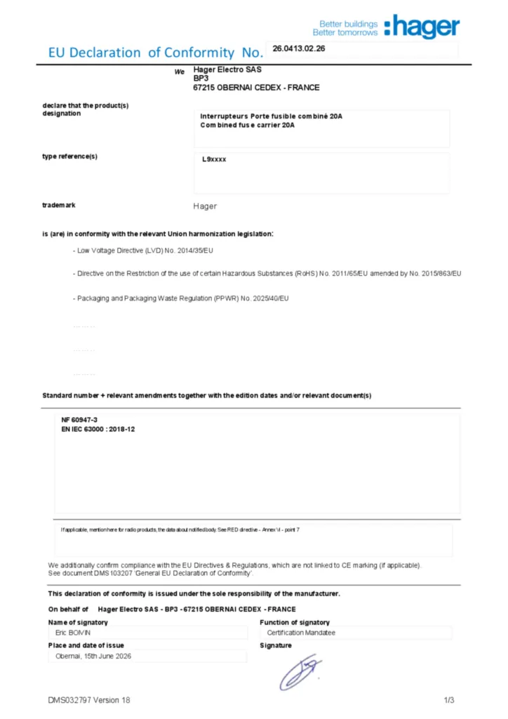Imagem Declaração de conformidade en-US 2026-07-14 | Hager Portugal
