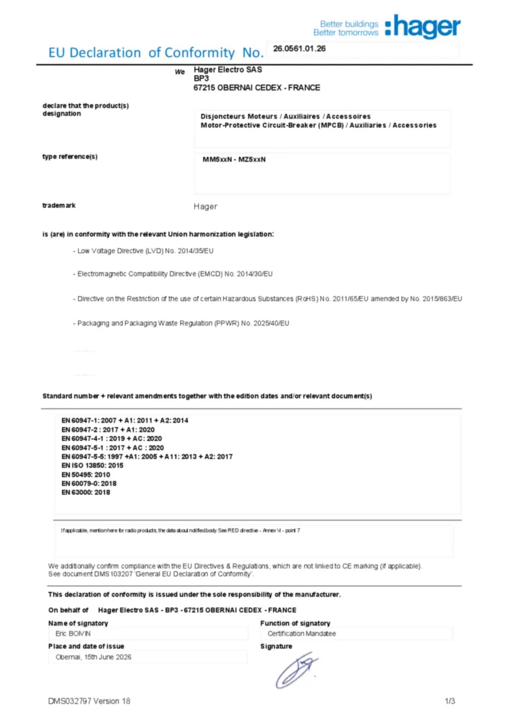 Image Déclaration de conformité en-US 2026-07-14 | Hager Suisse