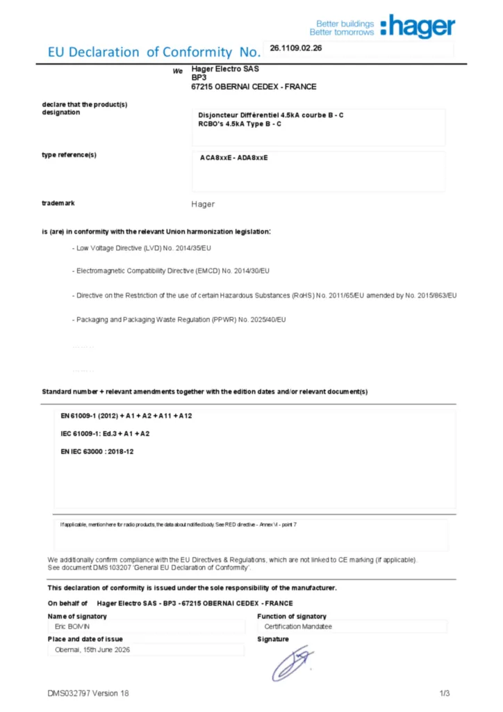 Afbeelding Conformiteitsverklaring en-US 2026-07-14 | Hager Belgium