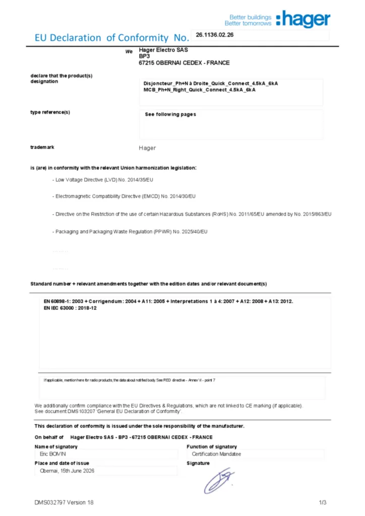 Afbeelding Conformiteitsverklaring en-US 2026-07-14 | Hager Nederland