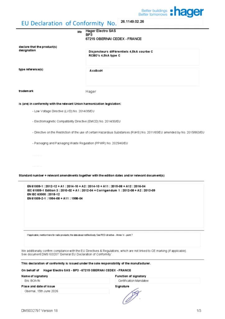 Immagine Dichiarazione di conformità en-US 2026-07-14 | Hager Italia