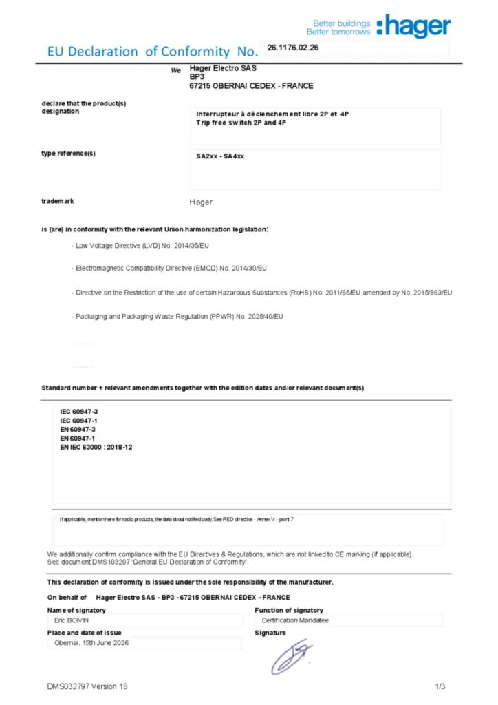 Image Déclaration de conformité en-US 2026-07-14 | Hager France