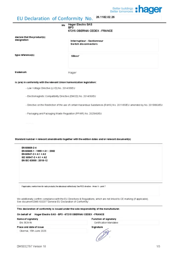 Afbeelding Conformiteitsverklaring en-US 2026-07-14 | Hager Nederland