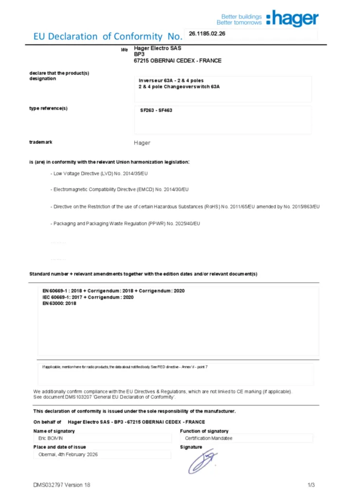 Imagem Declaração de conformidade en-US 2026-07-14 | Hager Portugal