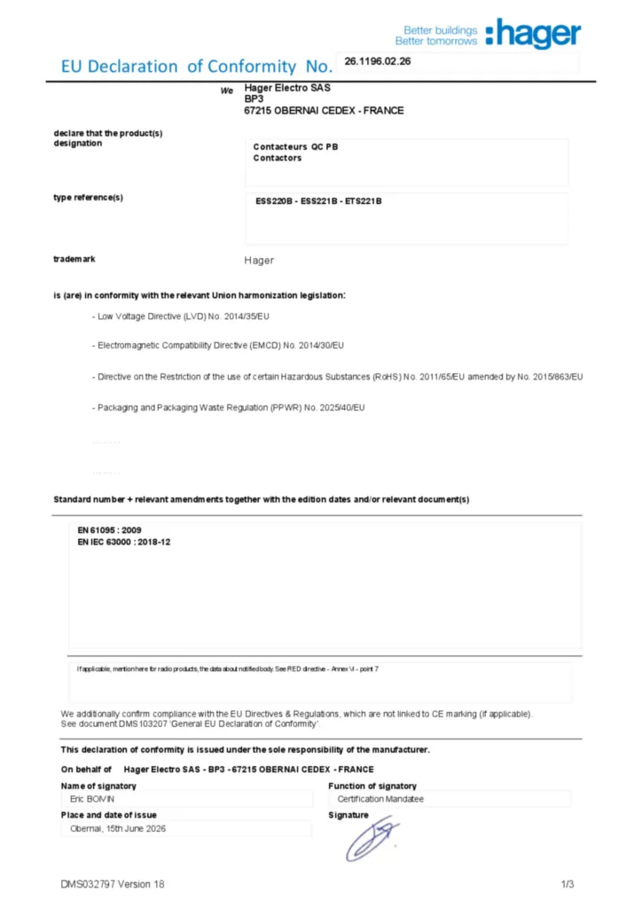Image Déclaration de conformité en-US 2026-07-14 | Hager France