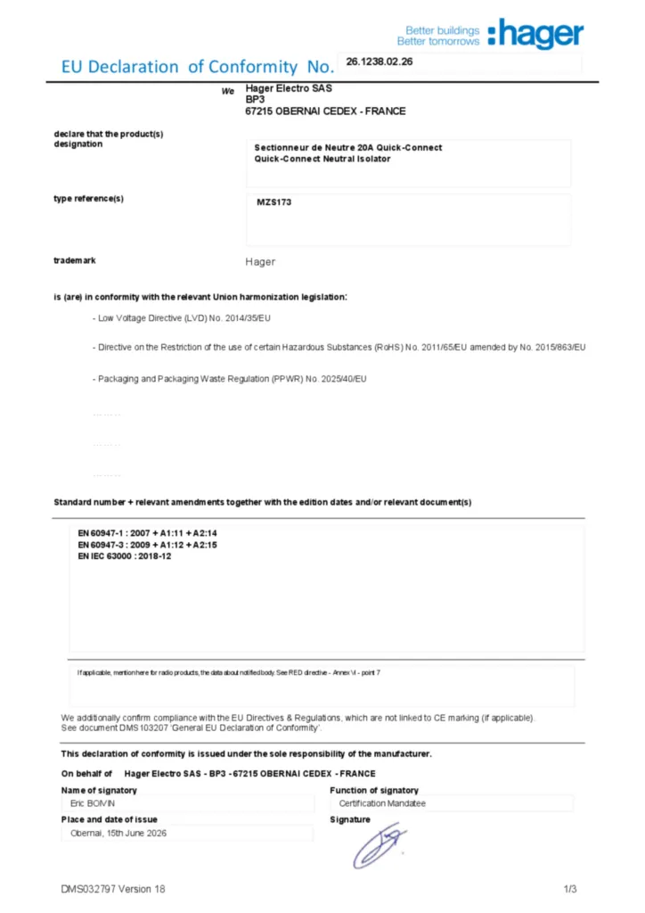 Image Déclaration de conformité en-US 2026-07-14 | Hager Suisse