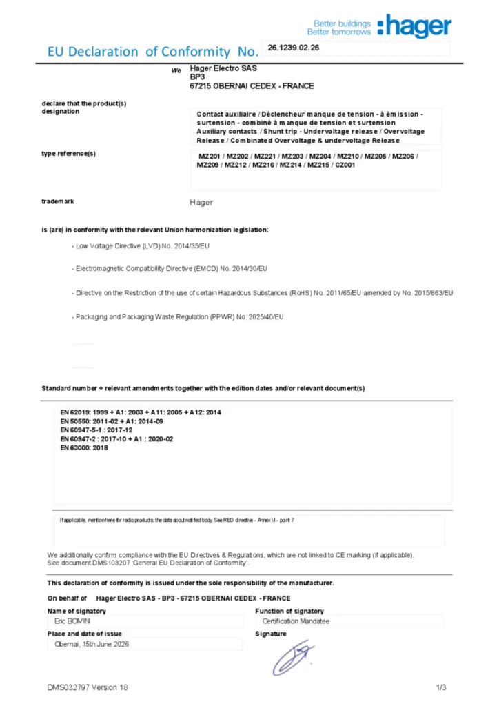 Image Déclaration de conformité en-US 2026-07-14 | Hager Belgique