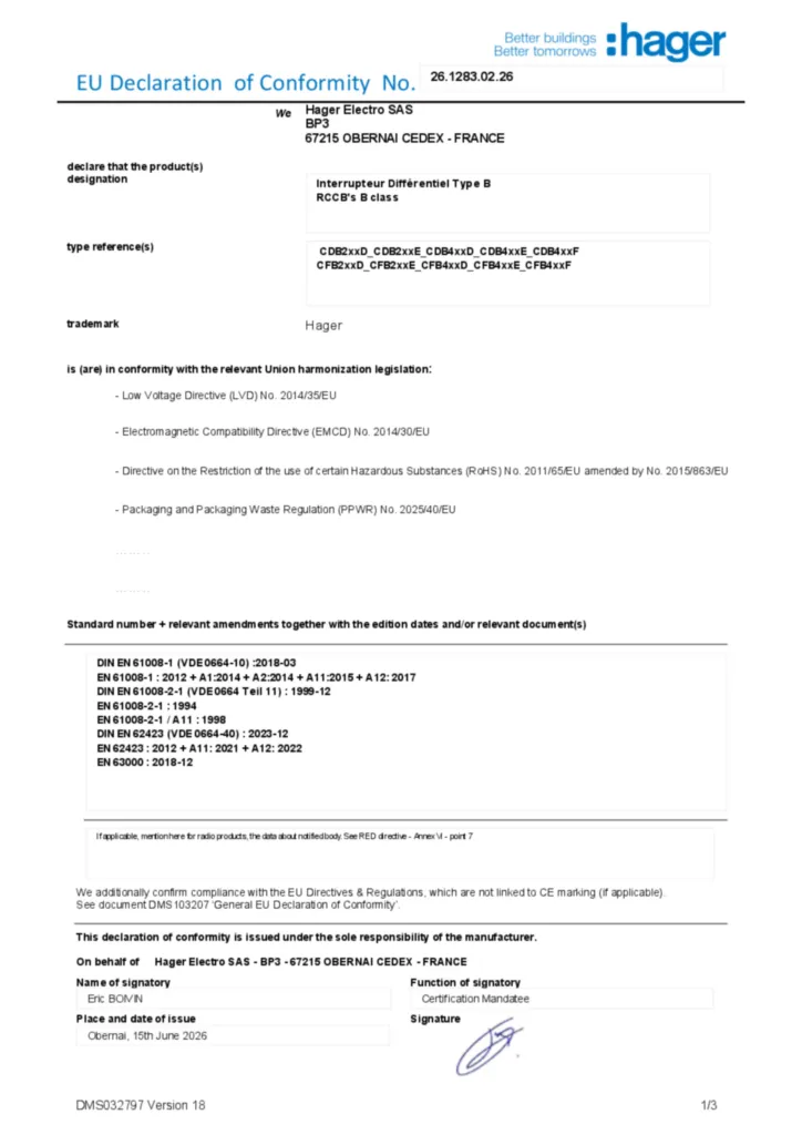 Imagem Declaração de conformidade en-US 2026-07-14 | Hager Portugal