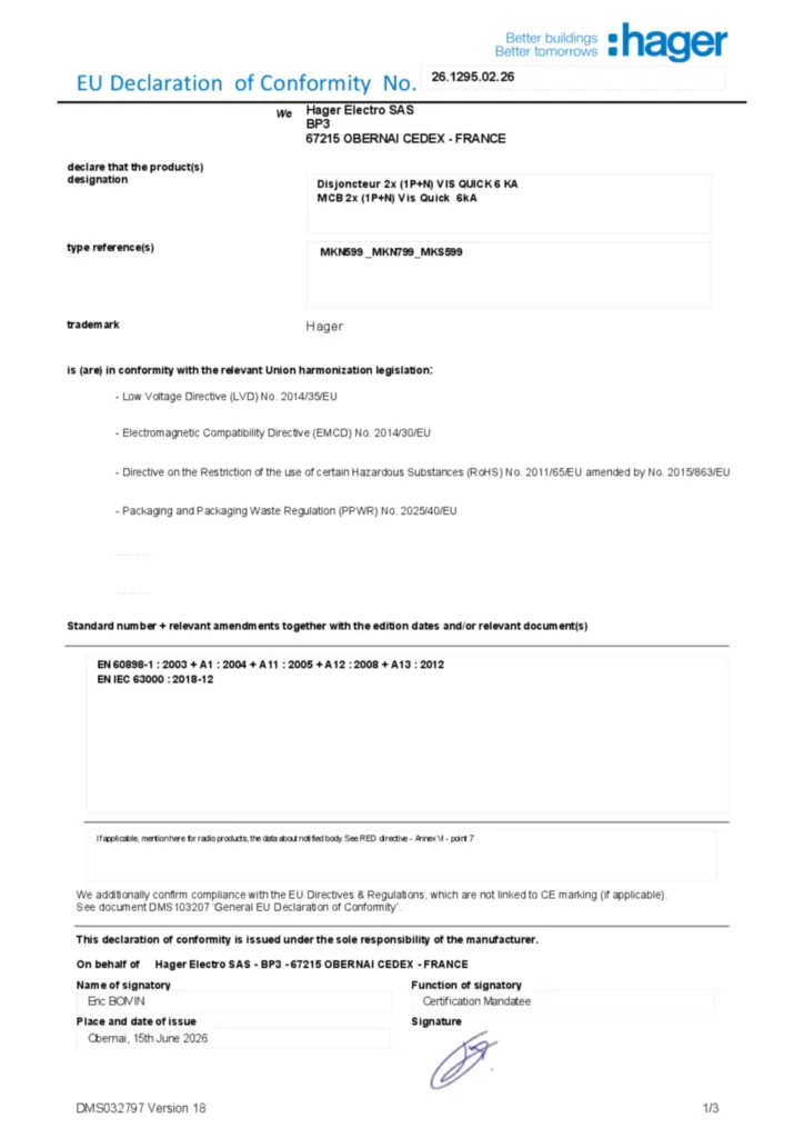 Afbeelding Conformiteitsverklaring en-US 2026-07-14 | Hager Nederland