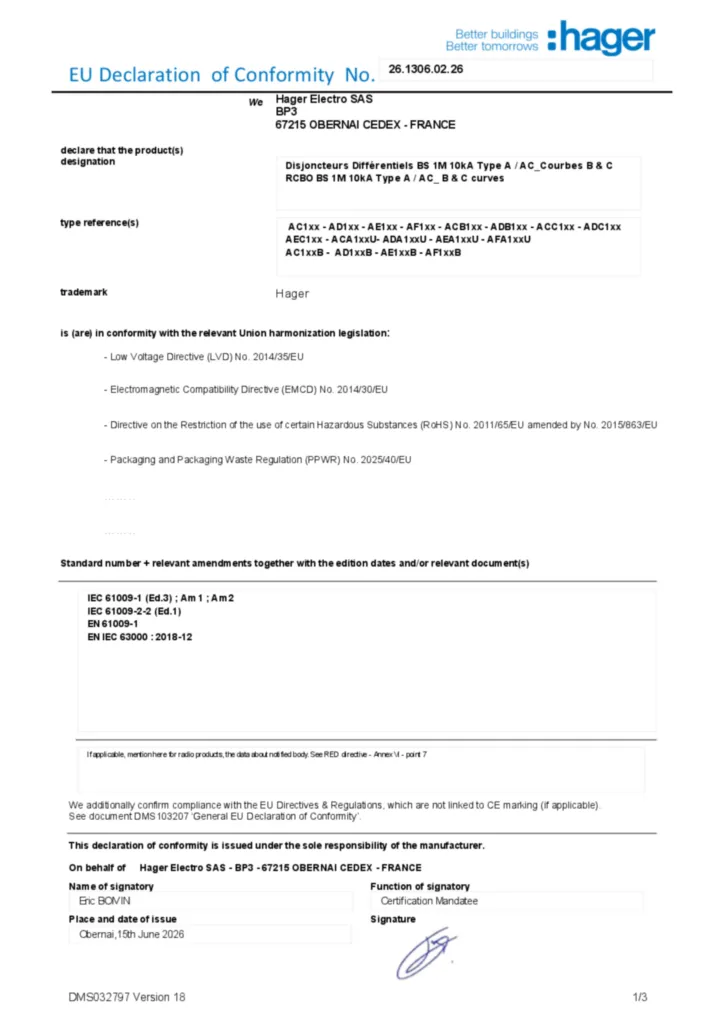 Image Declaration of conformity en-US 2026-07-14  | Hager Australia