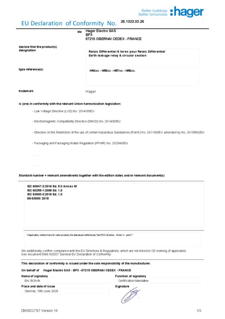Afbeelding Conformiteitsverklaring en-US 2026-07-14 | Hager Belgium