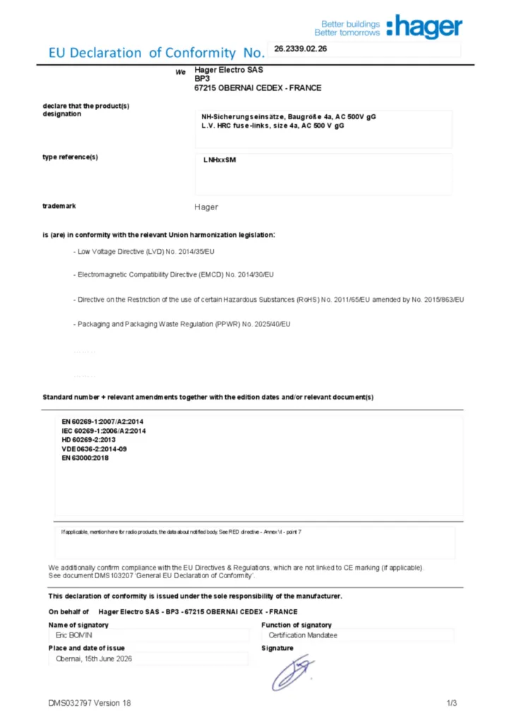 Imagem Declaração de conformidade en-US 2026-07-14 | Hager Portugal