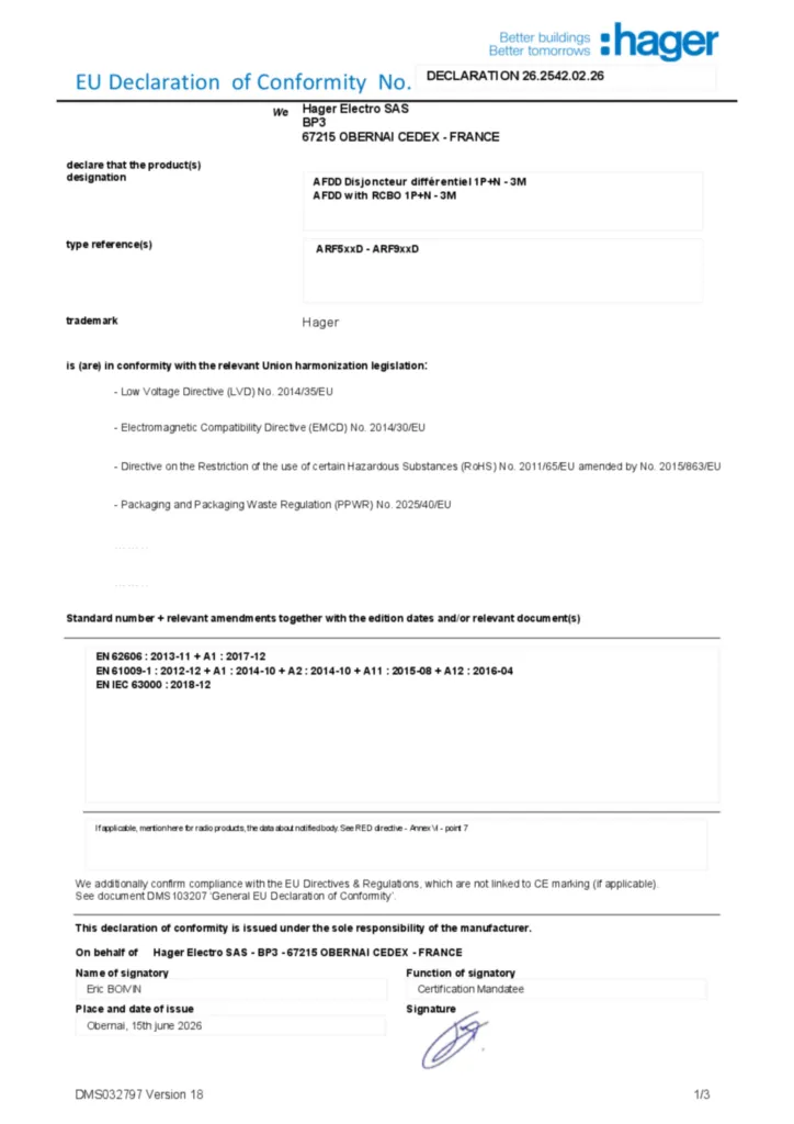 Image Déclaration de conformité en-US 2026-07-15 | Hager Suisse