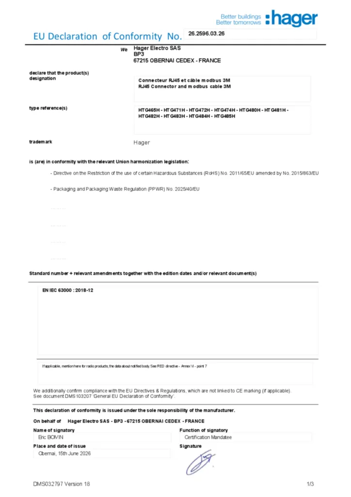 Image Déclaration de conformité en-US 2026-07-15 | Hager Afrique