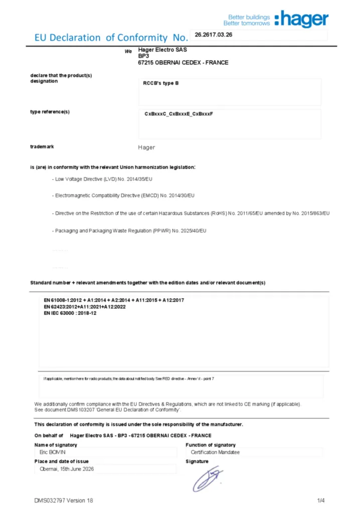 Image Déclaration de conformité en-US 2026-07-15 | Hager Belgique