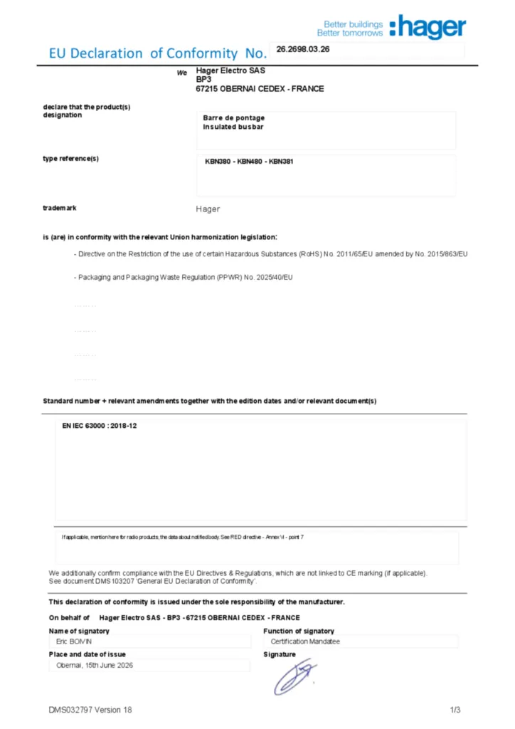 Zdjęcie Dane techniczne - Deklaracja zgodności en-US 2026-07-15 | Hager Polska