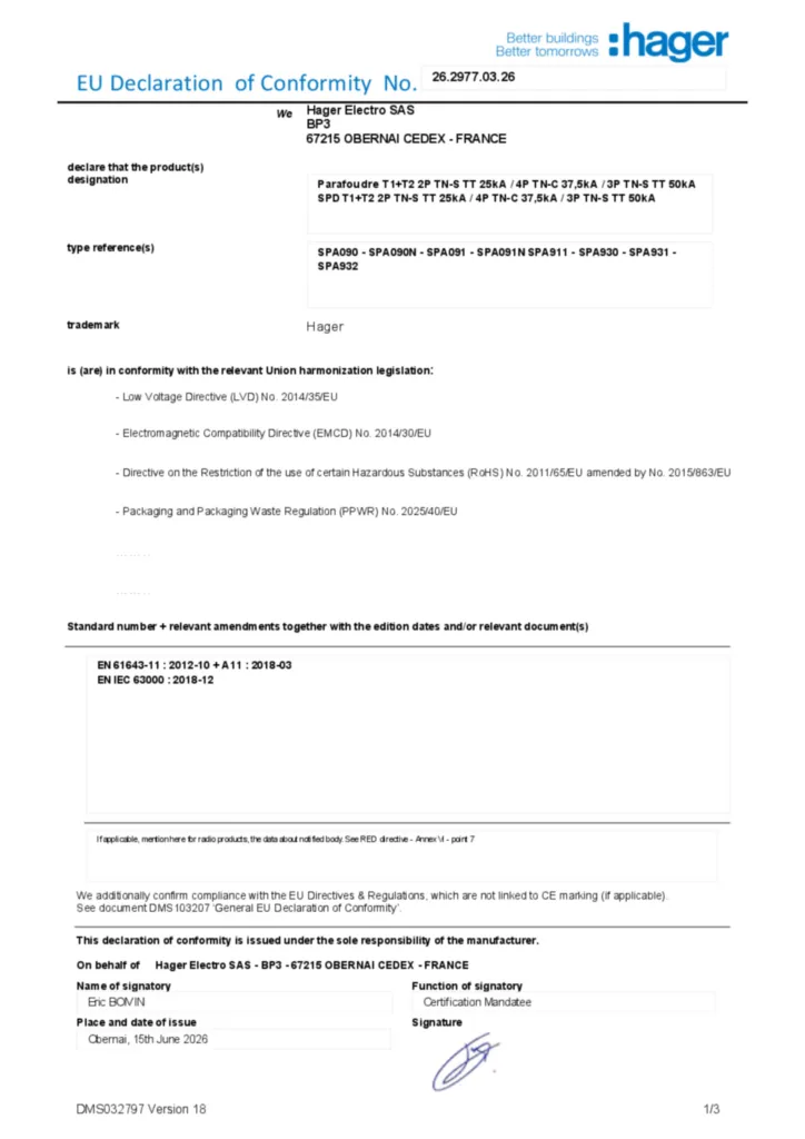 Zdjęcie Dane techniczne - Deklaracja zgodności en-US 2026-07-15 | Hager Polska
