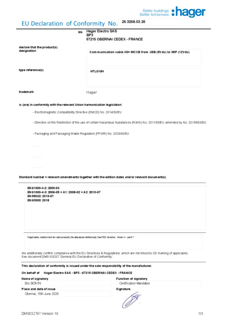 Image Déclaration de conformité en-US 2026-07-15 | Hager France