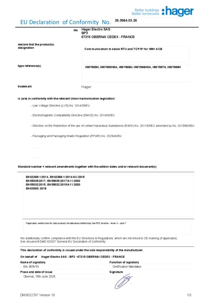 Immagine Dichiarazione di conformità en-US 2026-07-15 | Hager Italia