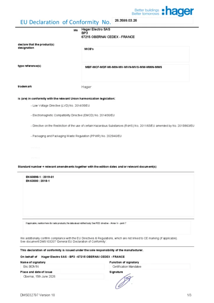 Image Déclaration de conformité en-US 2026-07-15 | Hager Belgique