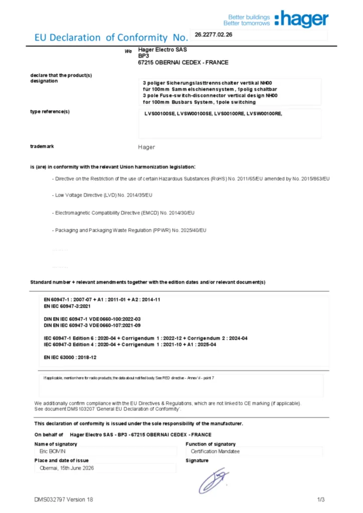 Image Déclaration de conformité en-US 2026-07-15 | Hager Suisse