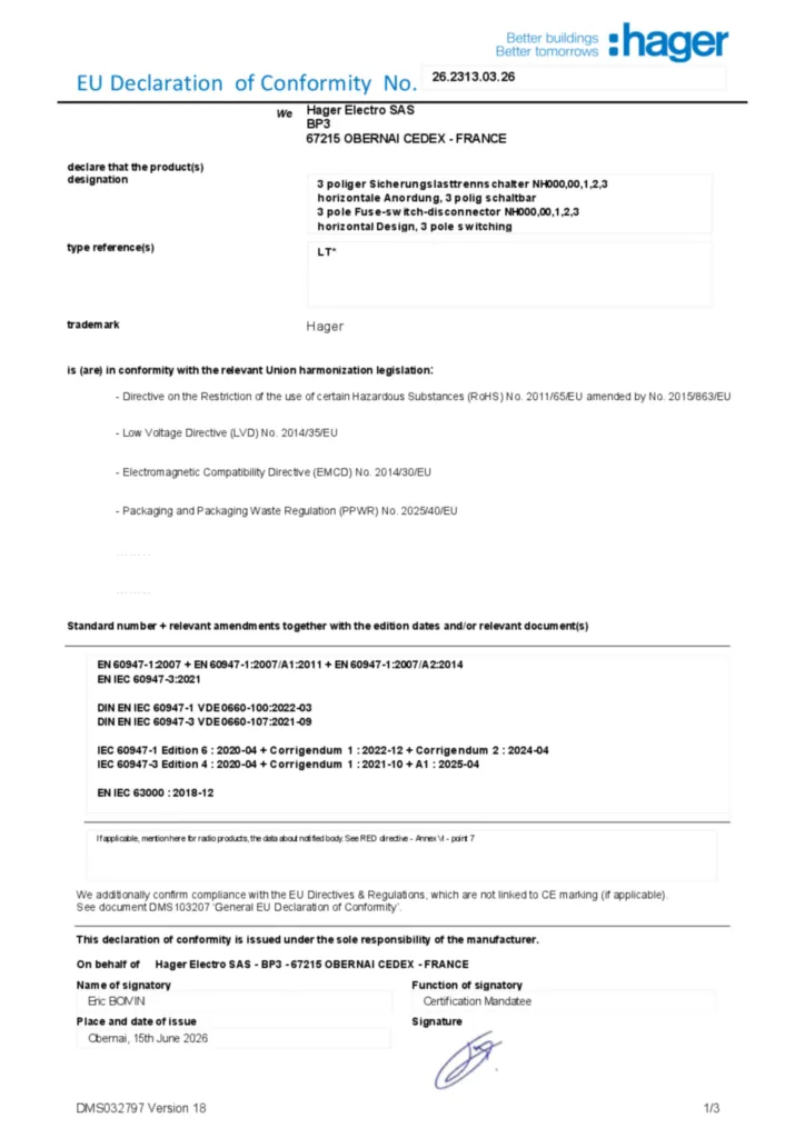 Image Déclaration de conformité en-US 2026-07-15 | Hager Suisse