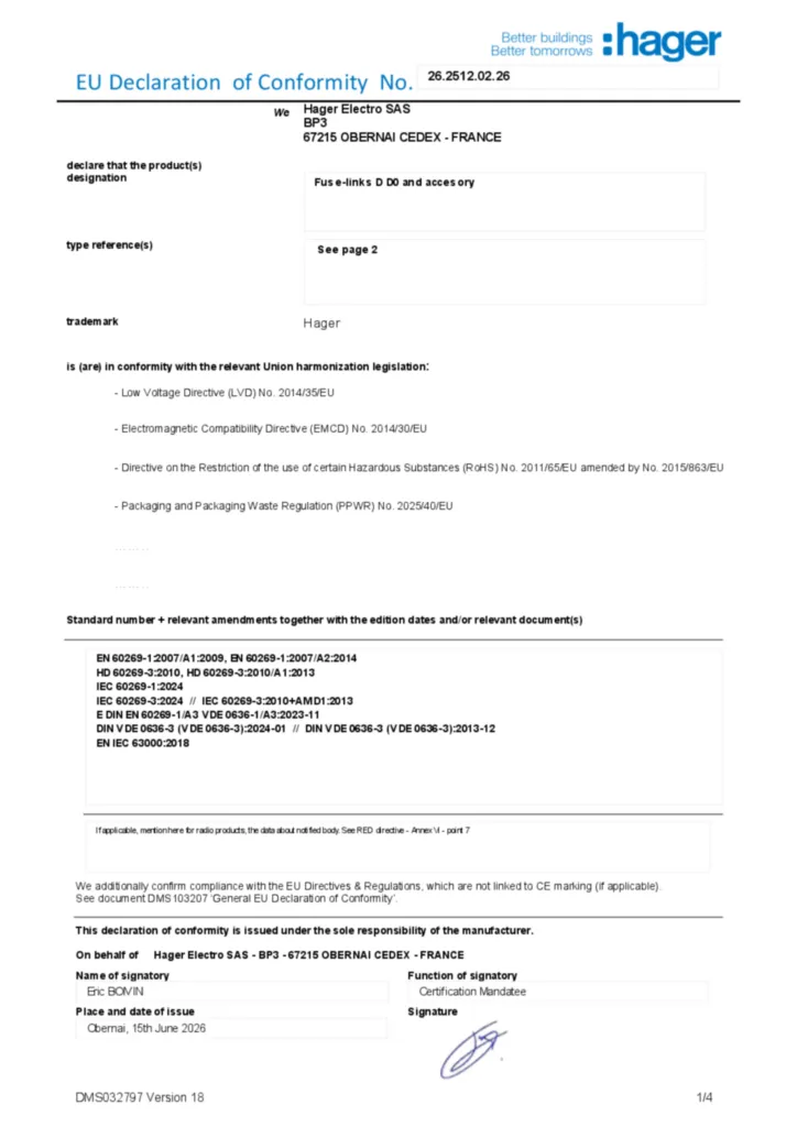 Zdjęcie Dane techniczne - Deklaracja zgodności en-US 2026-07-15 | Hager Polska