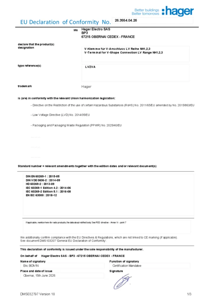 Afbeelding Conformiteitsverklaring en-US 2026-07-15 | Hager Nederland