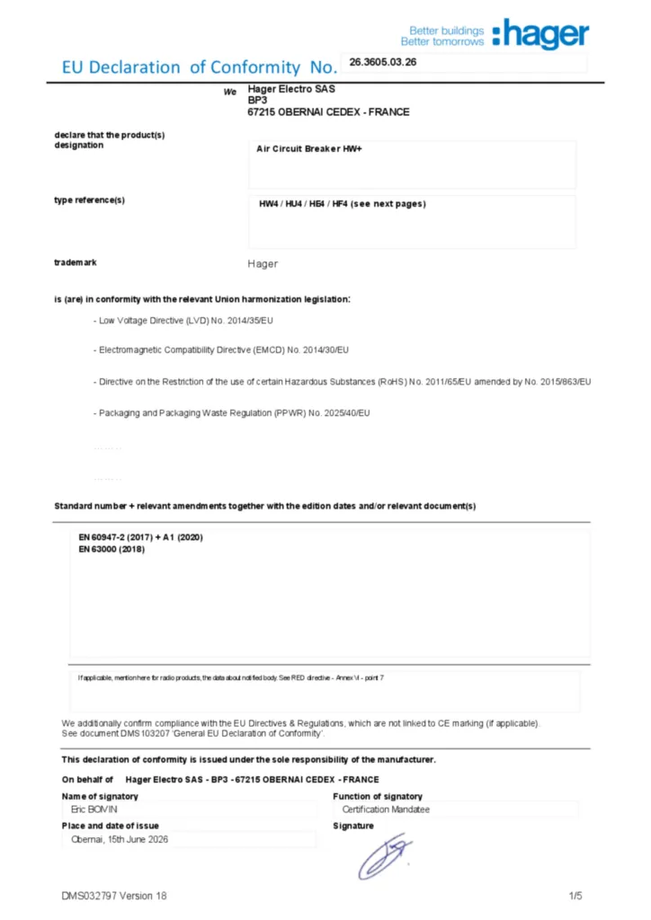 Immagine Dichiarazione di conformità en-US 2026-07-15 | Hager Italia