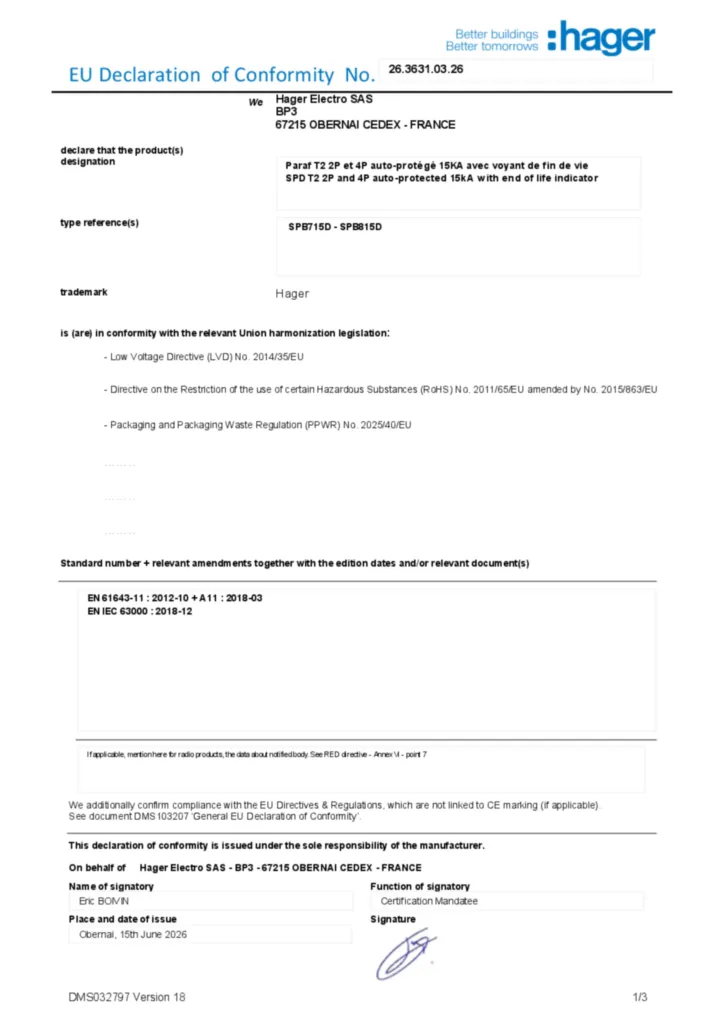 Imagem Declaração de conformidade en-US 2026-07-15 | Hager Portugal