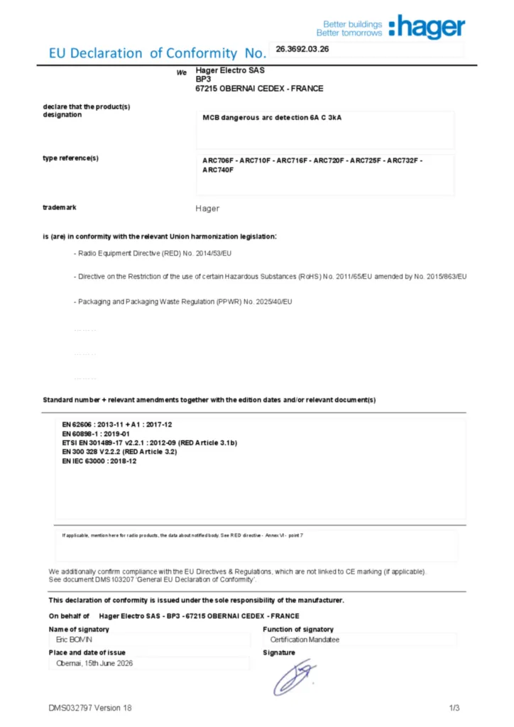 Imagem Declaração de conformidade en-US 2026-07-15 | Hager Portugal