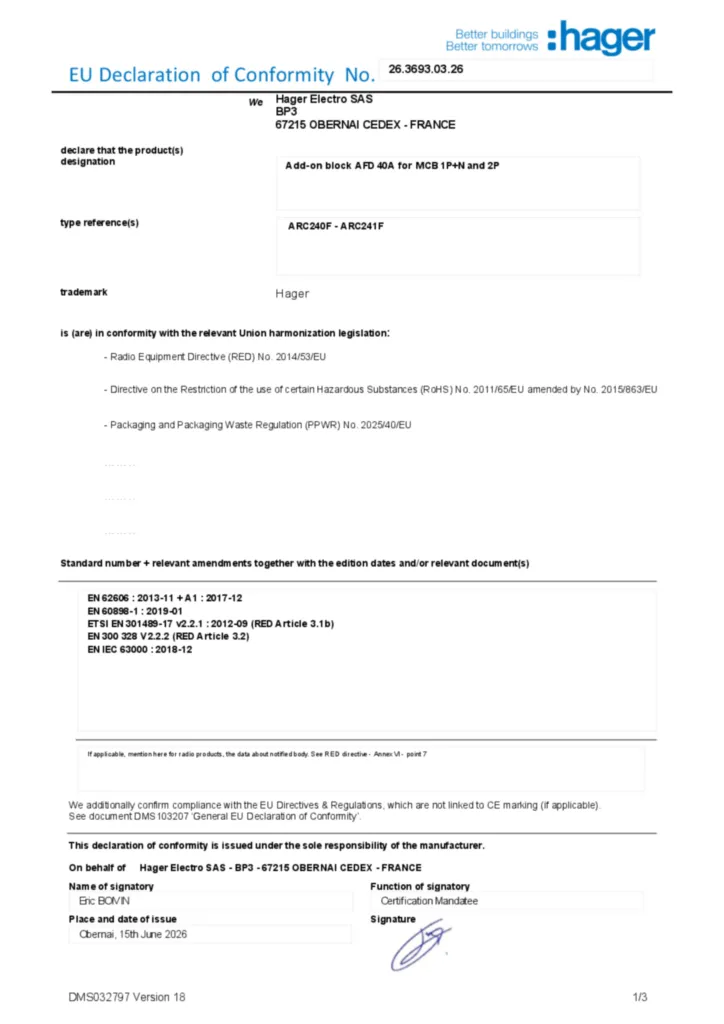 Image Déclaration de conformité en-US 2026-07-15 | Hager France