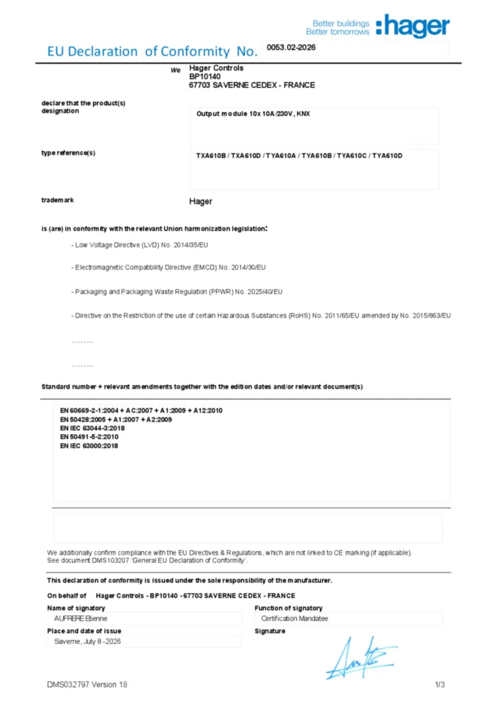 Afbeelding EU Declaration of Conformity | Hager Nederland